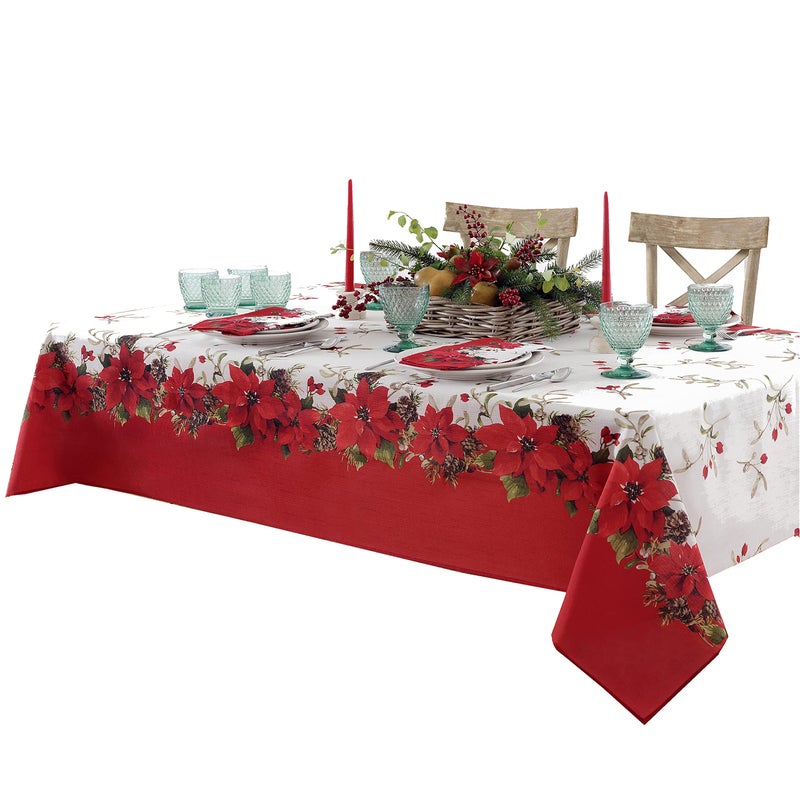 Newbridge Christmas Blooming Poinsettiaâ€™s Double Bordered 60 x 120 inch Rectangle Fabric Tablecloth, Holiday Red and White Poinsettia Dining Table Cover - Image 2
